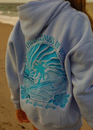 Blue Women Pink Palm Puff Everything Comes in Waves Hoodie | P-57643189
