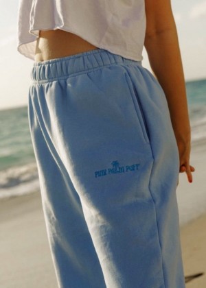 Blue Women Pink Palm Puff Puff Sweatpants | P-78961539