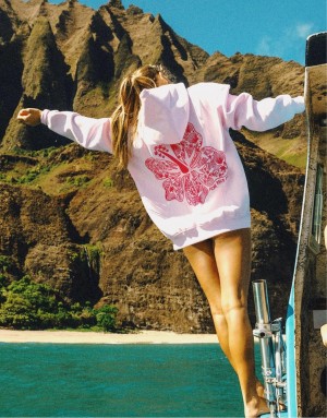 Rose Women Pink Palm Puff Hawaii Hibiscus Hoodie | P-03486959