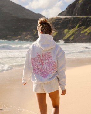 White Women Pink Palm Puff Hawaii Hibiscus Hoodie | P-90268419